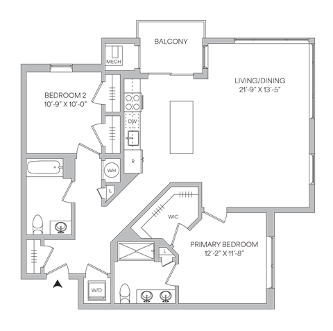 Floor plan for 2 beds, 2 baths, 1185 sqft